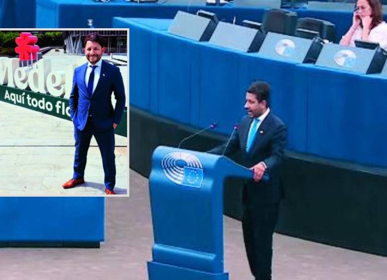 Adelante, el eurodiputado Álvaro Sebastian Kruis en una visita a Medellín. Atrás, durante una asamblea en Bruselas. FOTO: cortesía e imagen tomada de redes