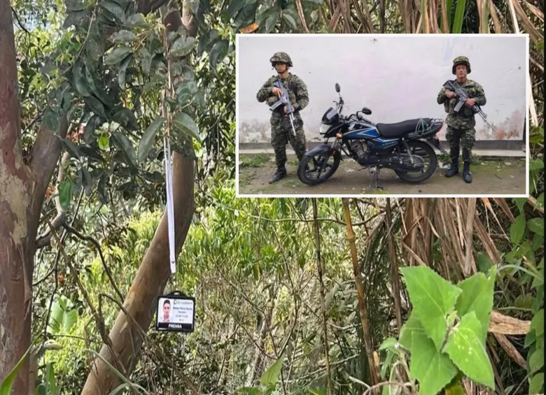 Adelante, la moto recuperada tras una semana en la vereda Travesías. Atrás, el carnet encontrado en El Roblal de Briceño. FOTO: Cortesía