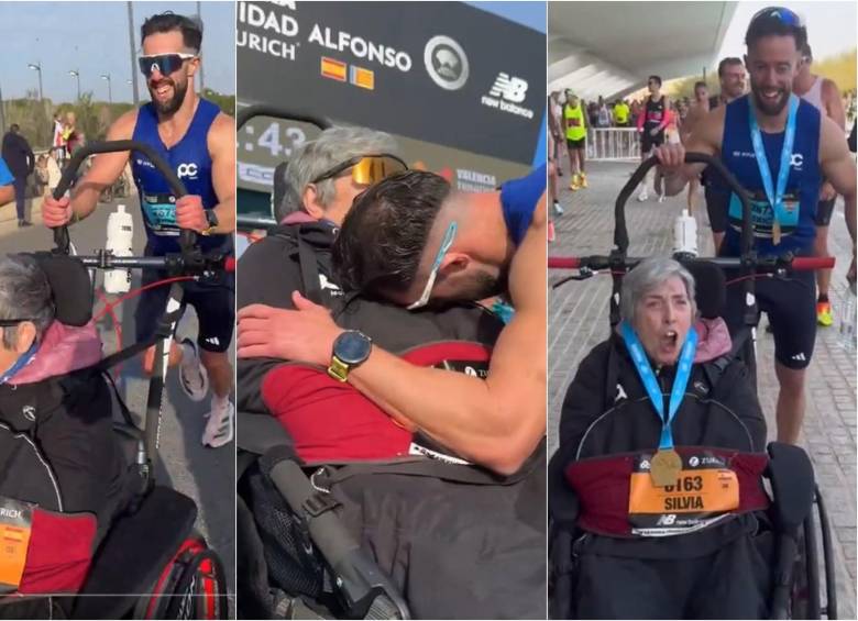 Secuencia de Eric y Silvia en medio de la maratón en Valencia, España, en honor a las personas que sufrieron los estragos de la Dana. FOTO: Captura de video de redes sociales