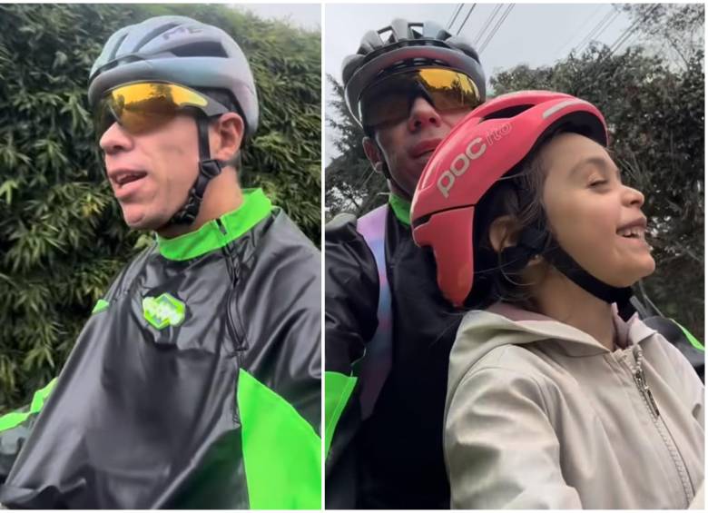 Rigoberto Urán decidió irse en bicicleta, el medio de transporte que marcó su vida, y desplazarse en dos ruedas para buscar a su hija Carlota al colegio. FOTO: Captura de video de redes sociales de @rigobertouran