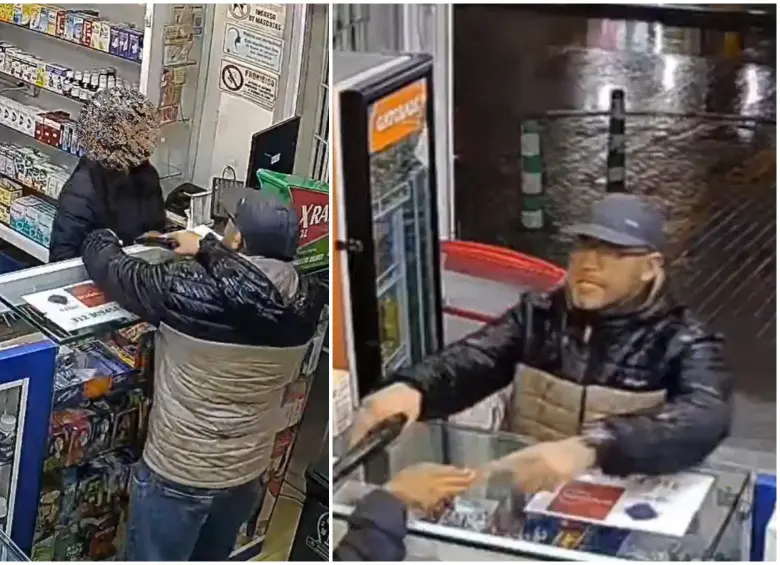 Momento en que se ve a la mujer enfrentándose al ladrón dentro de la droguería. FOTO: Captura de video de redes sociales @PasaenBogota