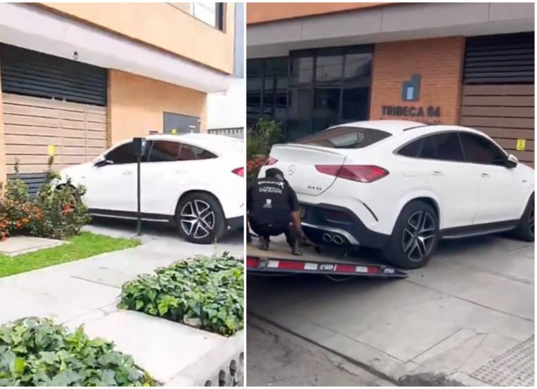 Las autoridades de movilidad levantaron y quitaron el carro de color blanco de la entrada del edificio. FOTO: Captura de video @JD_Quinteror
