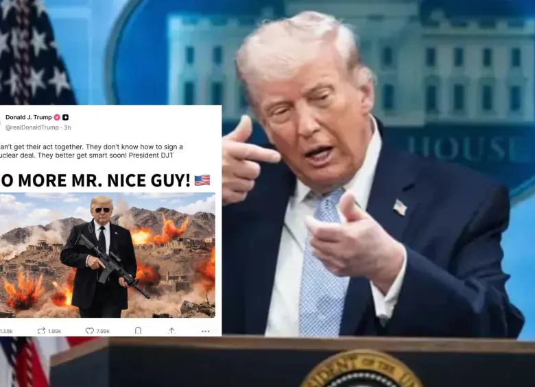 Trump publicó en redes una imagen en la que aparece con gafas oscuras y un arma, junto a un mensaje sobre el estancamiento de las negociaciones con Irán. Foto: Getty / red social Truth