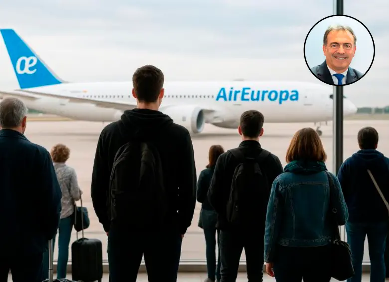 Todos los vuelos a Colombia se operan con la flota Boeing 787 Dreamliner, y este año estas rutas entre ambos lados del Atlántico se han beneficiado con la llegada de tres nuevas unidades. En el círculo Imanol Pérez, director comercial de Air Europa. FOTO generada con IA y Cortesía