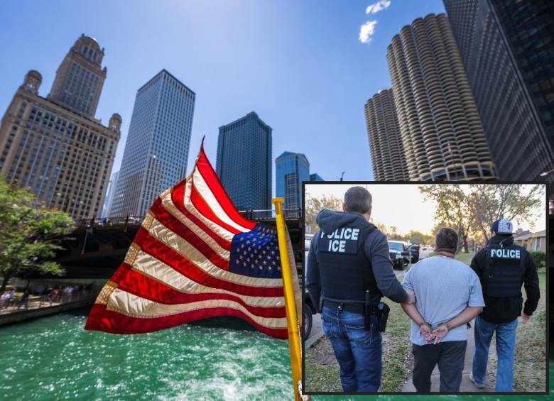 Adelante, operativos de agentes estadounidenses contra inmigrantes. Atrás, la ciudad de Chicago en el estado de Illinois. FOTO: imagen tomada de redes. 