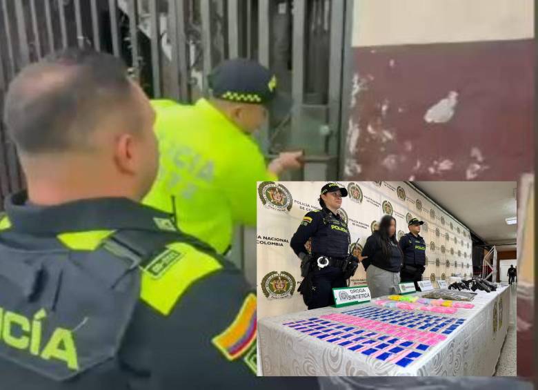 Adelante, la mujer detenida junto al material incautado. Atrás, agentes de Policía durante el operativo. FOTO: Cortesía