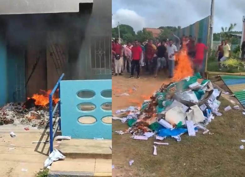 Los manifestantes, al parecer, eran simpatizantes de un grupo político al cual no le fue muy bien en las urnas de este domingo, por lo que irrumpieron en la Casa de la Cultura, lugar donde estaba el personal de la Registraduría, y le prendieron fuego a todo. FOTO: Captura de video X (antes Twitter)