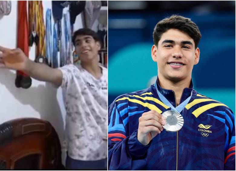 El deportista cucuteño de 17 años mostrando el espacio en su pared donde dijo que iba a colgar la medalla que ganaría en los Olímpicos. FOTO: CAPTURA VIDEO REDES SOCIALES CARACOL TV Y COC