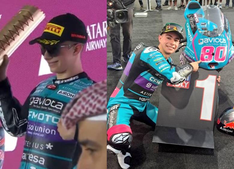 El piloto colombiano David Alonso tras recibir el trofeo de ganador de la carrera en Catar. FOTO: TWITTER MOTO GP 3