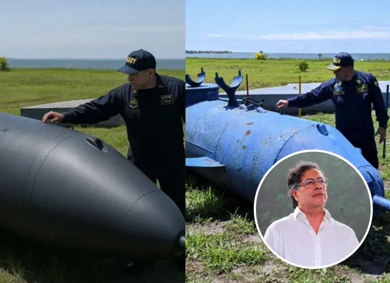 A la derecha: A la derecha: La foto del supuesto narco-submarino incautado recientemente en la costa Atlántica que fue recompartida por el presdente Gustavo Petro. A la derecha: el contraalmirante Mattos Dager, comandante de la Fuerza de Tarea contra el Narcotráfico número 72, muestra un narcosubmarino casero de tipo «parásito», que se adosa al casco de grandes barcos, en Tumaco, Colombia, el 18 de febrero de 2020. Foto: AFP