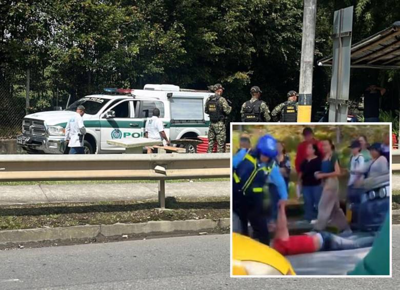 Adelante, captura del presunto pistolero de El Peñol. Atrás, autoridades de Policía atienden homicidio de un hombre en Rionegro. FOTO: Tomadas de redes sociales