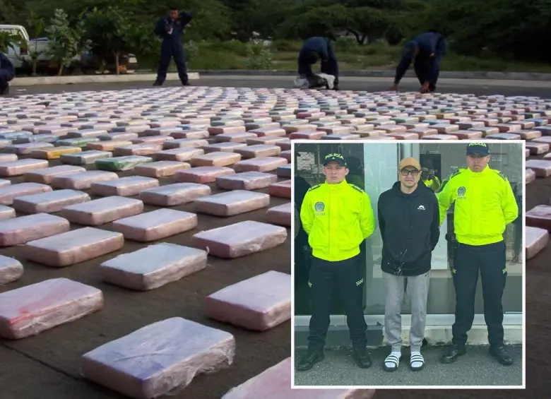 Adelante, el presunto narco implicado. Atrás, imagen de referencia de un cargamento de cocaína decomisado. FOTO: (COLPRENSA – HOY DIARIO DEL MAGDALENA).