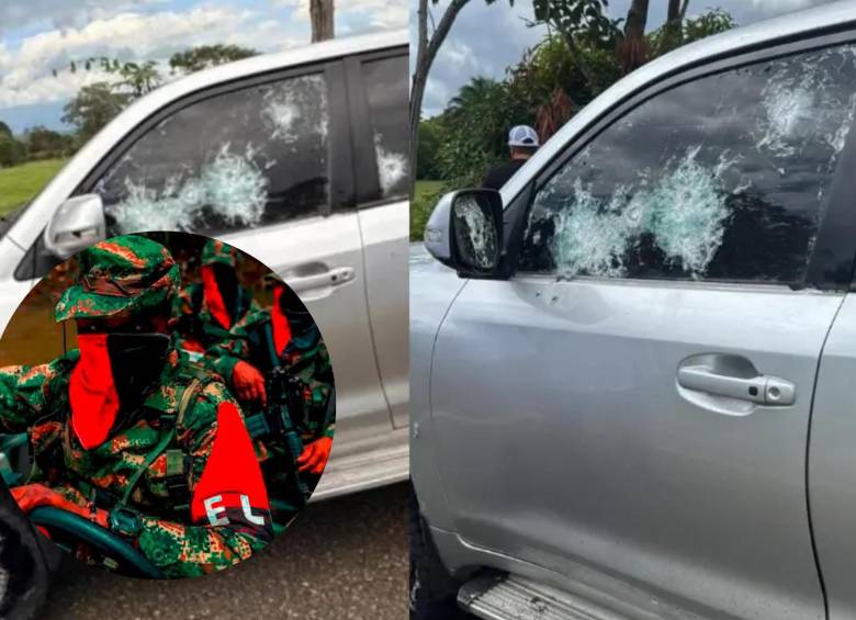 Así quedó la camioneta blindada en la cual se movilizaba el gobernador de Arauca, Renson Martínez, después de ser atacada por los guerrilleros del ELN que instalaron un retén en la carretera. FOTO cortesía