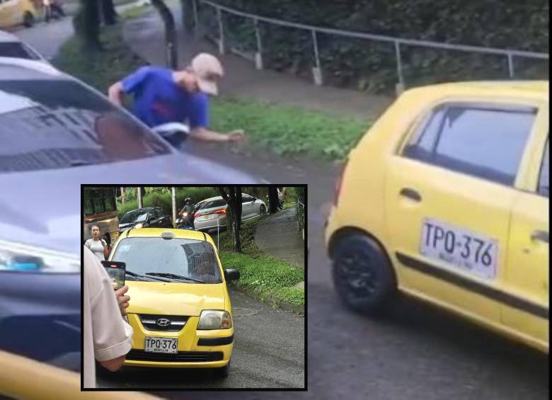 Adelante, el vehículo del taxista que fue captado haciendo los daños. Atrás, el momento de la agresión. FOTO: Cortesía Denuncias Antioquia