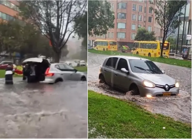 Vehículos inundados en las calles de Bogotá por las fuertes lluvias. FOTO: CAPTURA VIDEO REDES SOCIALES KIENYKE Y TRÁNSITO BOGOTÁ