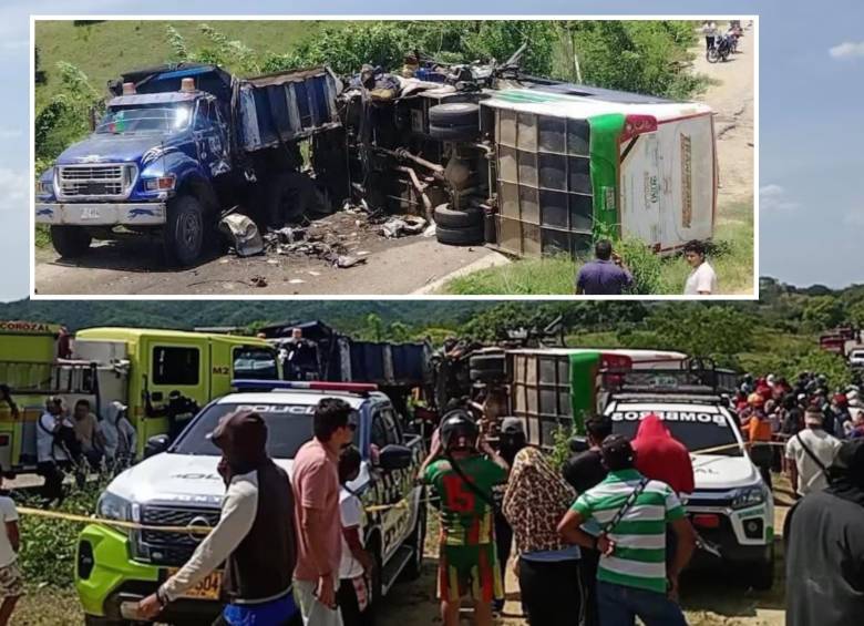 Frente a un abismo y con el sistema de frenos inservible, el conductor atravesó el bus escolar contra una volqueta. FOTO: Tomada de redes sociales y cortesía @corozalnoticia