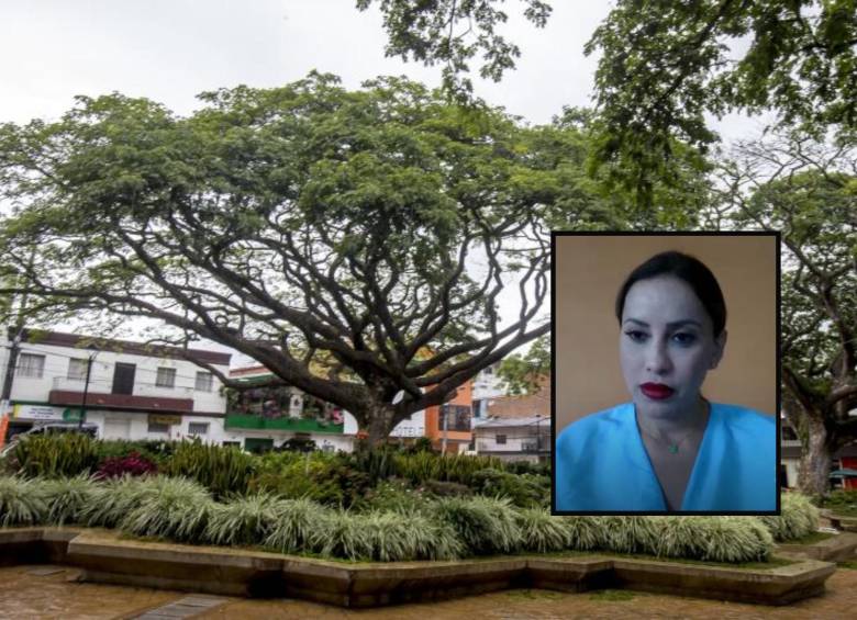 Adelante, la exalcaldesa de Hispania durante la audiencia. Atrás, parque del municipio de Hispania. Foto: Juan Antonio Sánchez Ocampo e imagen tomada de redes.