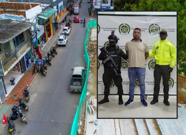 Adelante, una de las calles del municipio de Apartadó, donde se dio la captura. Atrás, el señalado jefe financiero. FOTO: Andrés Camilo Suárez Echeverry y Cortesía Policía Urabá
