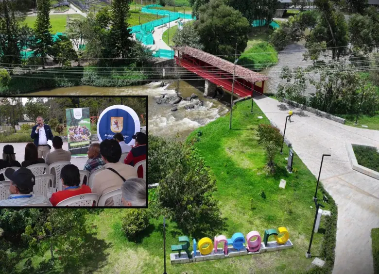Adelante, el alcalde de Rionegro entregando el espacio. Atrás, panorámica del nuevo parque. FOTO: Cortesía Alcaldía.