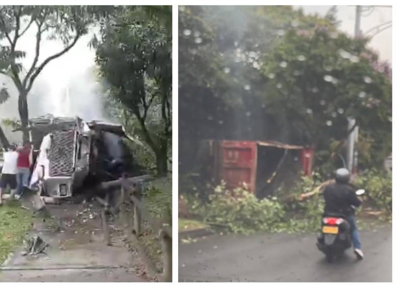 Así quedó la volqueta accidentada al frente del CAI Los Colores. FOTO: Denuncias Antioquia