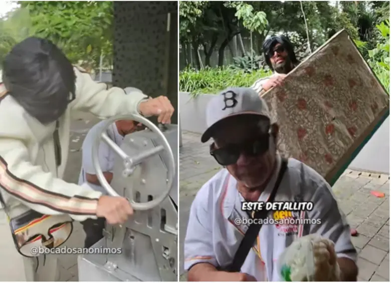 Momento en que le dieron el regalo a Marco Tulio, vendedor de raspados en el Atanasio. FOTO: Captura video de redes sociales @bocadosanonimos