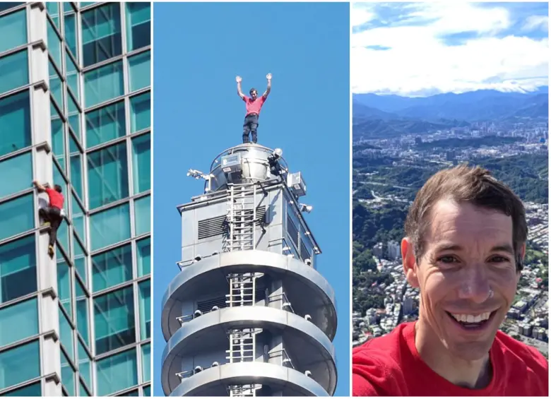 Honnold es la primera persona en escalar el Taipéi 101 sin cuerda, arnés ni red de seguridad, pero no el primer en escalar el edificio. FOTO: Tomada de redes sociales @alexhonnold, Netflix y AFP