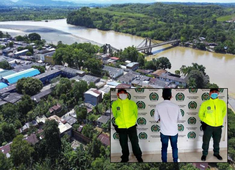 Adelante, el exfuncionario durante su detención en 2021. Atrás, vista aérea del municipio de Cáceres. Foto: Manuel Saldarriaga Quintero y cortesía.