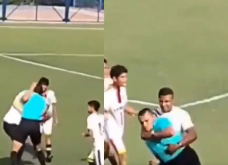 El árbitro FIFA Kéiner Jiménez fue agredido durante un partido del Torneo Nacional Sub-15 de Difútbol en Valledupar, luego de una discusión por una decisión arbitral. FOTO: Captura de video. 