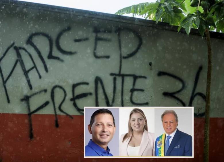 Imagen de referencia de un graffiti del Frente 36 de las Farc. Adelante, los alcaldes amenazados. Foto: Andrés Camilo Suárez Echeverry e imagen tomada de redes.