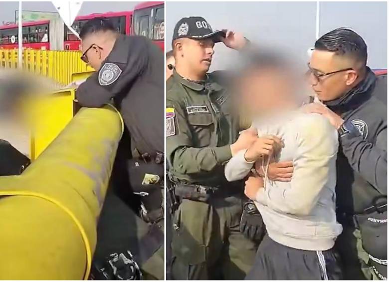 Secuencia de cómo los policías le salvaron la vida al joven antes de que se tirara del puente de la calle sexta con carrera 30, en el corazón de Bogotá. FOTO: Captura video de redes sociales @PoliciaBogota