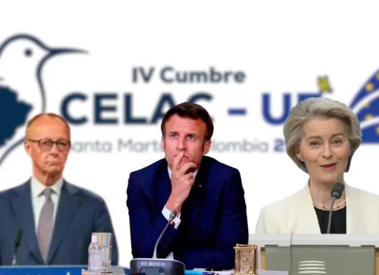 La presidenta de la Comisión Europea, Ursula von der Leyen, el canciller alemán Friedrich Merz y el presidente francés Emmanuel Macron, ya no asistirán a la Celac-UE. Foto: Cancillería/Afp. 