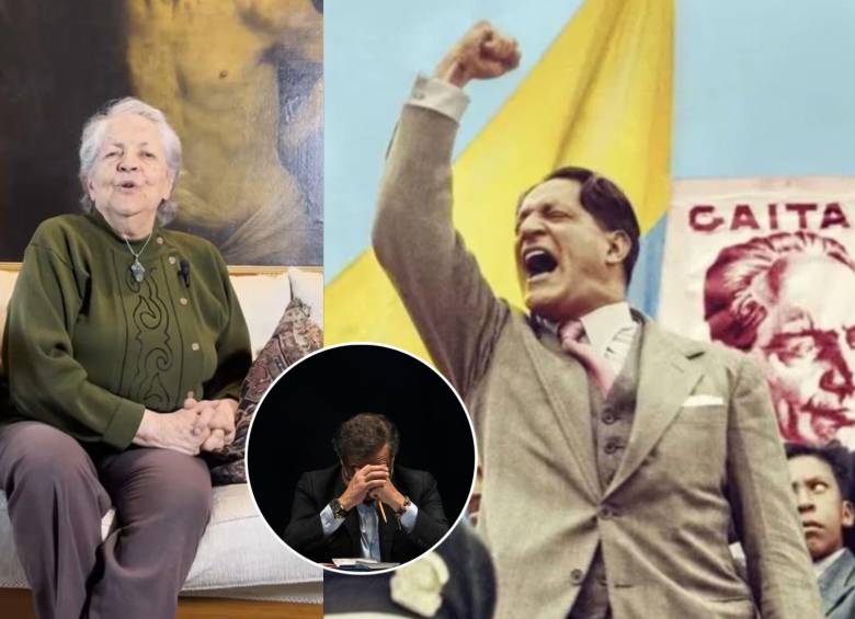 Gloria Gaitán Jaramillo, hija de Jorge Eliécer Gaitán, buscó hablar con Gustavo Petro para tener respuesta sobre el motivo por el cual el Gobierno Nacional permitió que el Clan del Golfo pudiera autodenominarse Ejército Gaitanista. Fotos: Captura de video, Colprensa y AFP