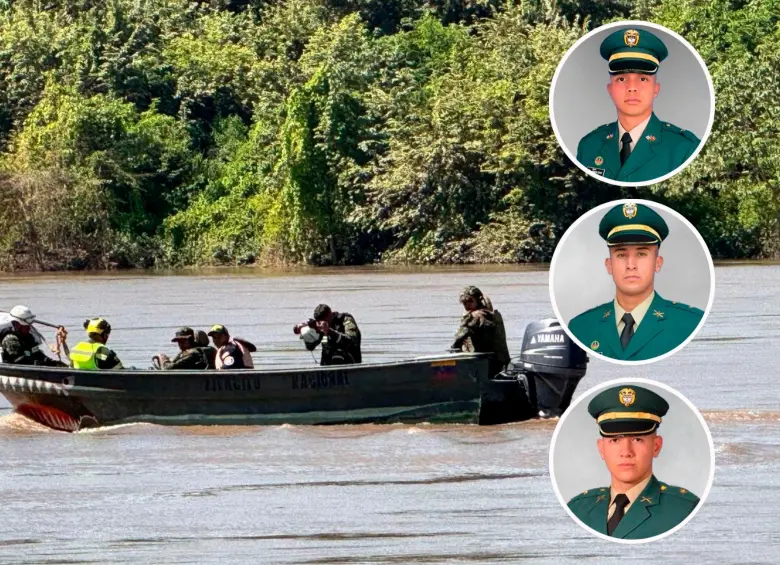 El accidente en el que los tres subintendentes naufragaron en el río Magdalena ocurrió en la tarde del lunes, 14 de julio. Un día después fueron hallados muertos. FOTOS: Tomadas de X @COL_EJERCITO 