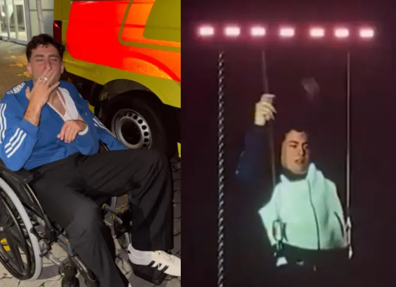 El cantante sufrió la caída cuando realizaba una acrobacia como parte del montaje del espectáculo; luego fue atendido por el equipo médico y regresó al escenario. FOTO: redes sociales.