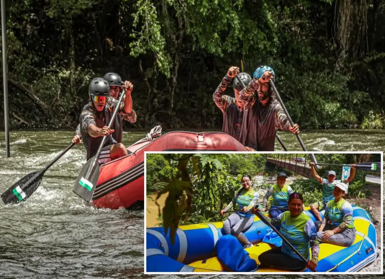 Adelante, el equipo femenino de Rafting cerca del río Samaná. Atrás, miembros del equipo masculino Foto: Manuel Saldarriaga Quintero e imagen tomada de redes.
