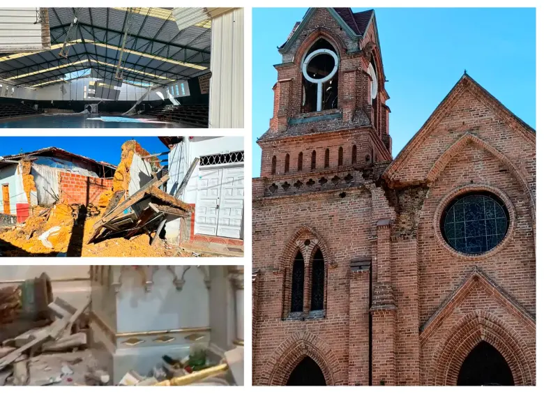 Arriba a la izquierda: el coliseo de Sonsón; debajo: una casa abandonada que se derrumbó también en Sonsón; debajo: afectación en la iglesia de Jardín; a la derecha: daño parcial en la iglesia de Venecia. FOTO: Cortesía