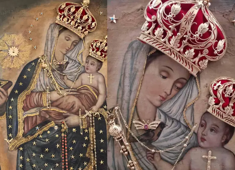 Lienzo de la Virgen de Chiquinquirá conservado en la Basílica Menor de La Estrella. La pequeña estrella visible en la parte superior distingue esta imagen de la original de Boyacá. Foto: Cortesía.