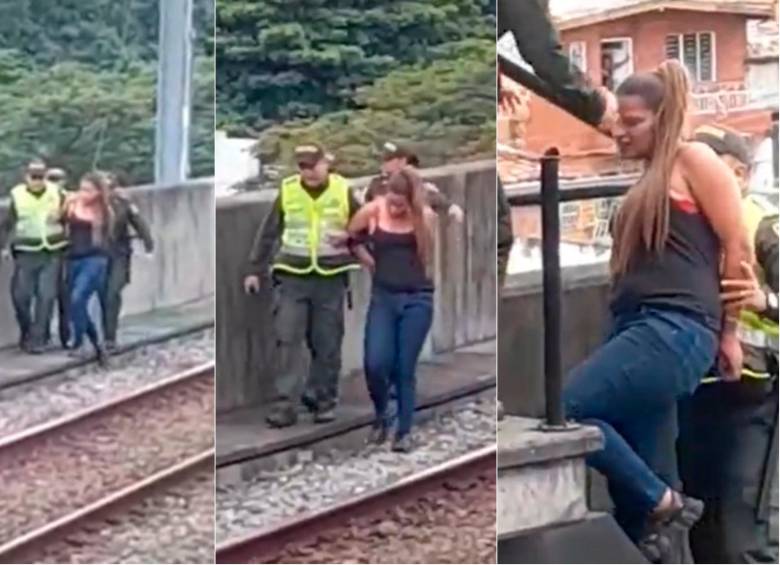 La mujer avanzó varios metros sobre la vía del tren hasta que fue alcanzada por uniformados de la Policía que prestan sus servicios en las estaciones del sistema. FOTOS: CAPTURA DE VIDEO