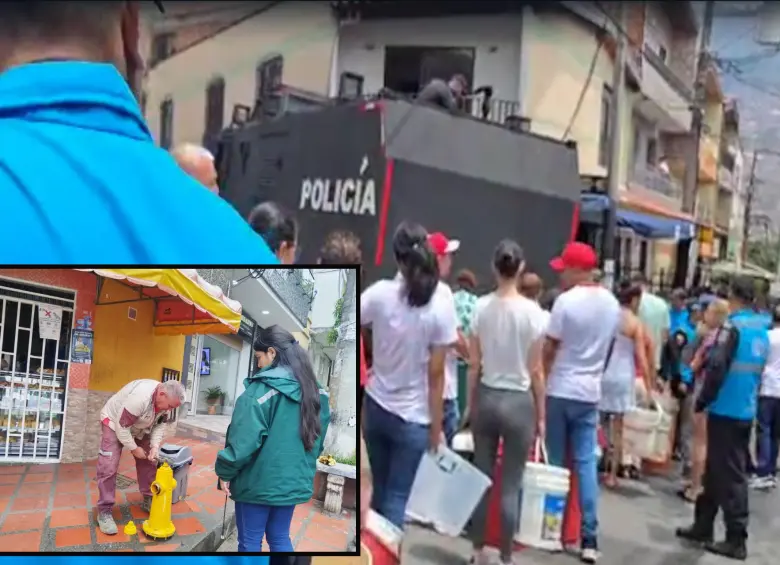 Adelante, funcionarios de EPM habilitando hidrantes para brindarle agua a la gente. Atrás, una tanqueta de la Policía realiza entrega de agua a habitantes del Aburrá. FOTOS: Cortesía EPM y Policía Metropolitana