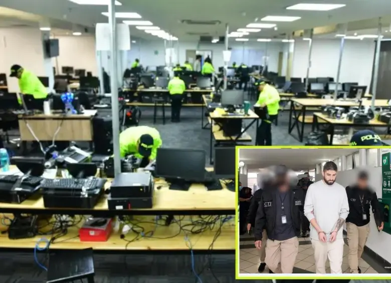 Adelante, uno de los que según las autoridades sería un lavador de activos por medio de criptomonedas para bandas criminales, capturado en Medellín. Atrás, operativo contra la estafa en moneda electrónica realizado también en la capital antioqueña. FOTO: Cortesía