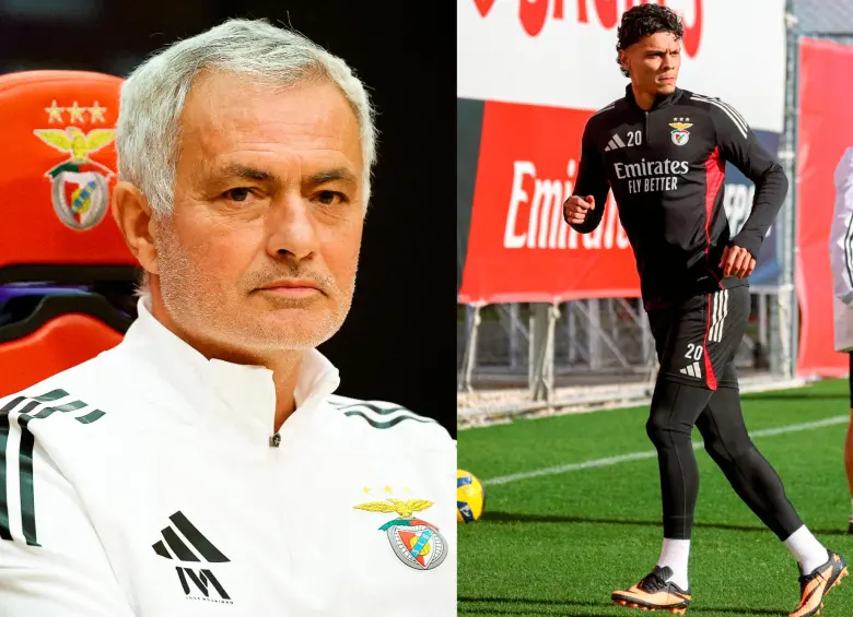 El entrenador portugués José Mourinho dirige al colombiano Richard Ríos desde septiembre del 2025. Fotos: tomadas del x de @SLBenfica 