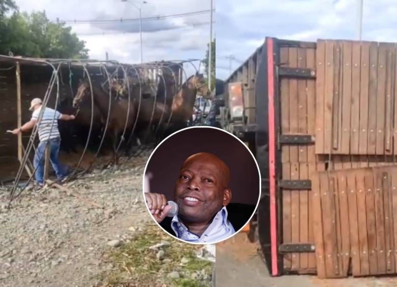 Faustino ‘El Tino’ Asprilla llegó al lugar del accidente para ayudar a rescatar a los nueve caballos que transportaba el camión volcado en la vía hacia la Terminal de Transporte de Tuluá, Valle del Cauca. Imagen: Captura de video y Colprensa. 