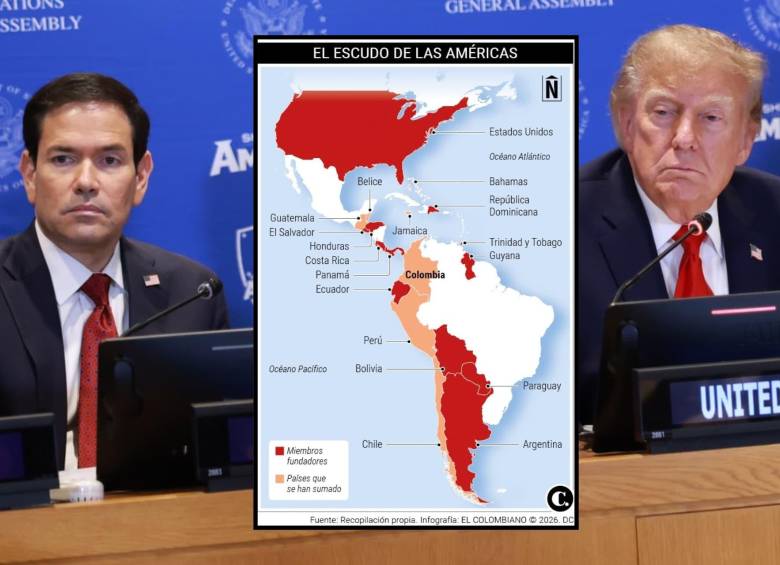 El Escudo de las Américas ha sido promovido por la administración de Donald Trump bajo su líder de política exterior, el secretario de Estado Marco Rubio. Foto: Redes sociales/Daniel Carmona-Infografía EL COLOMBIANO.