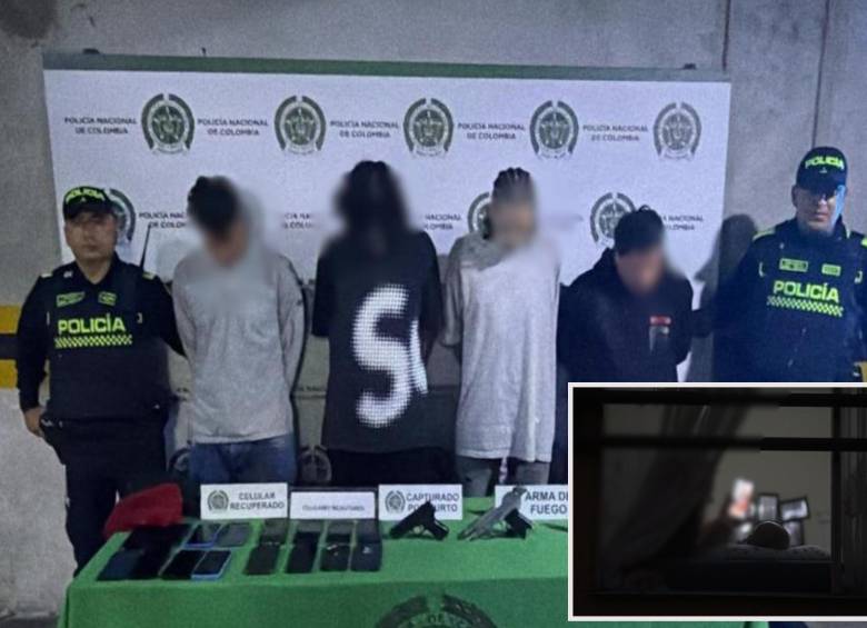 Adelante, imagen de referencia de una videollamada. Atrás, los detenidos por el intento de hurto. Foto: EL COLOMBIANO y Policía de Medellín