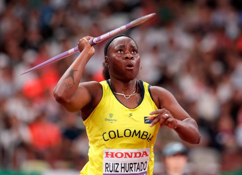La atleta colombiana Flor Denis Ruiz se quedó con el segundo lugar en la Liga de Diamante, en la prueba del lanzamiento de jabaliba. FOTO: AFP