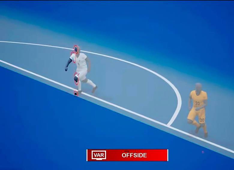 Así son las imágenes 3D que reprodujo el fuera de lugar semiautomático en los estadios del Mundial de Qatar 2022. FOTO captura de pantalla