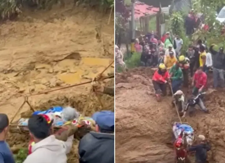 Una adulta mayor fue rescatada de la avalancha en Bello. FOTOS: Capturas de video 