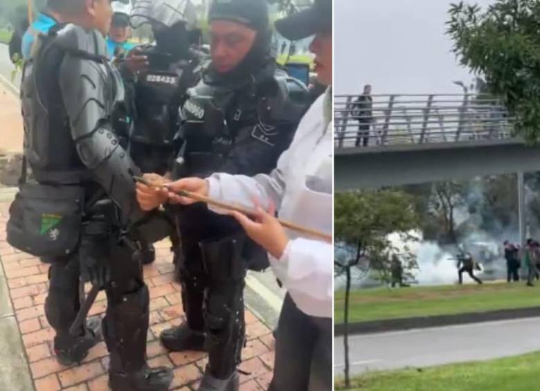 Protesta frente a la Embajada de Estados Unidos en Bogotá dejó a cuatro policías heridos. FOTOS: Capturas de video 