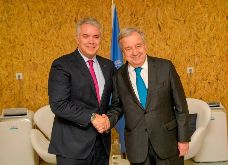 Iván Duque confirmó a Antonio Guterres que el país se anticipó al objetivo planteado para 2030. FOTO: CORTESÍA PRESIDENCIA