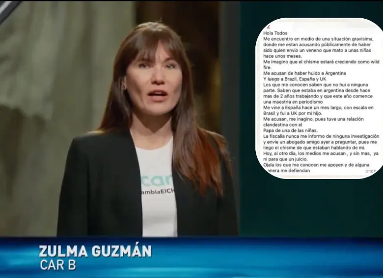 El mensaje de WhatsApp que habría enviado Zulma Guzmán para defenderse de los señalamientos por la muerte de dos menores de edad.FOTOS: Capturas de video